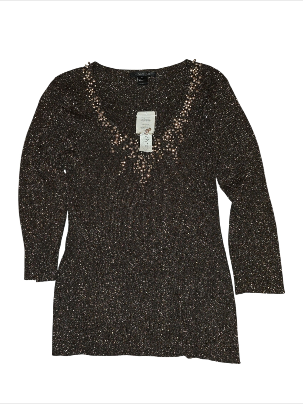 august silk Copper Brown Metallic V-Neck Long Sleeve Top